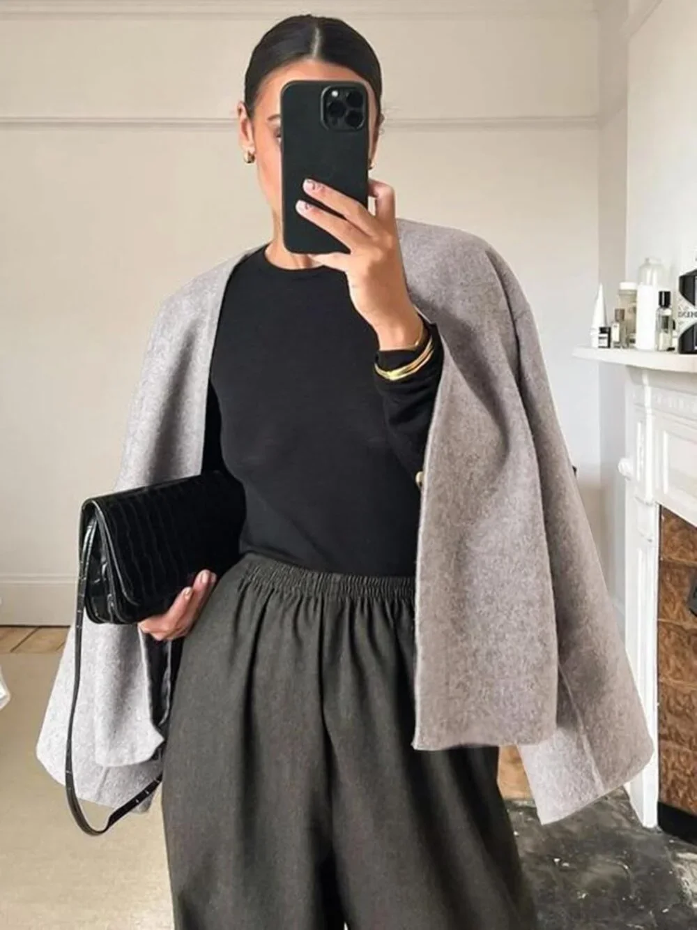 Women's Beige Wool Blend Cropped Collarless Long Sleeve Short Fall Pea Overcoat